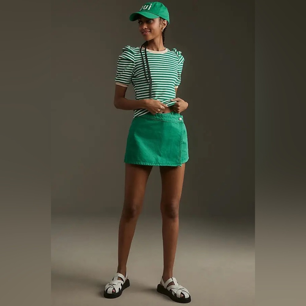 Maeve Emerald Green Puff Sleeve Striped Top